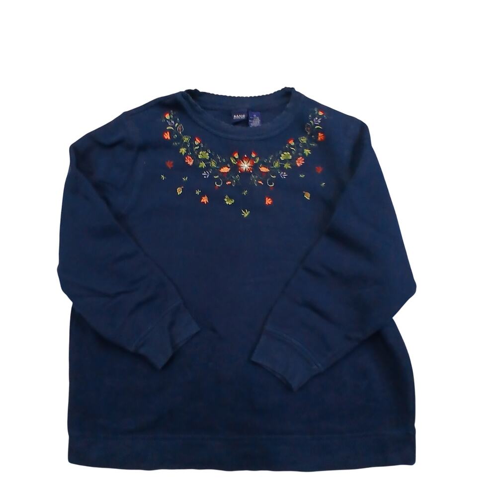 Basic Editions Womens 2X Navy Floral Embroidered Crewneck Sweatshirt